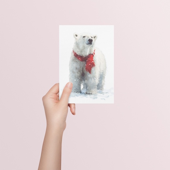 Watercolor Polar Bear with Red Scarf Portrait Wall Art Print Poster, Unframed - Picture 5 of 5